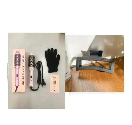 Mandotos 2-in-1 hair curler and straightener comb, black and silver, with adjustable temperature controls and ergonomic handle.