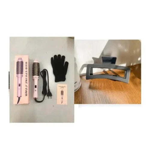 Mandotos 2-in-1 hair curler and straightener comb with ceramic plates, black and silver design, suitable for versatile hairstyling.