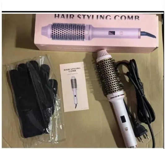 Mandotos 2-in-1 hair curler and straightener comb, showing the versatile styling tool with a sleek design and ceramic plates.