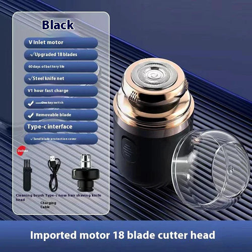 Mandotos black dual-purpose capsule shaver and nose hair trimmer with USB rechargeable design, compact and easy to use.