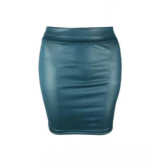 Mandotos black imitation leather high-waist pencil mini skirt, Korean fashion style for women, suitable for summer wear.