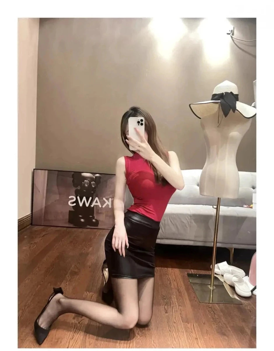 Mandotos Black Imitation Leather Pencil Mini Skirt High Waist Korean Fashion Women Wholesale Summer - MANDOTOS