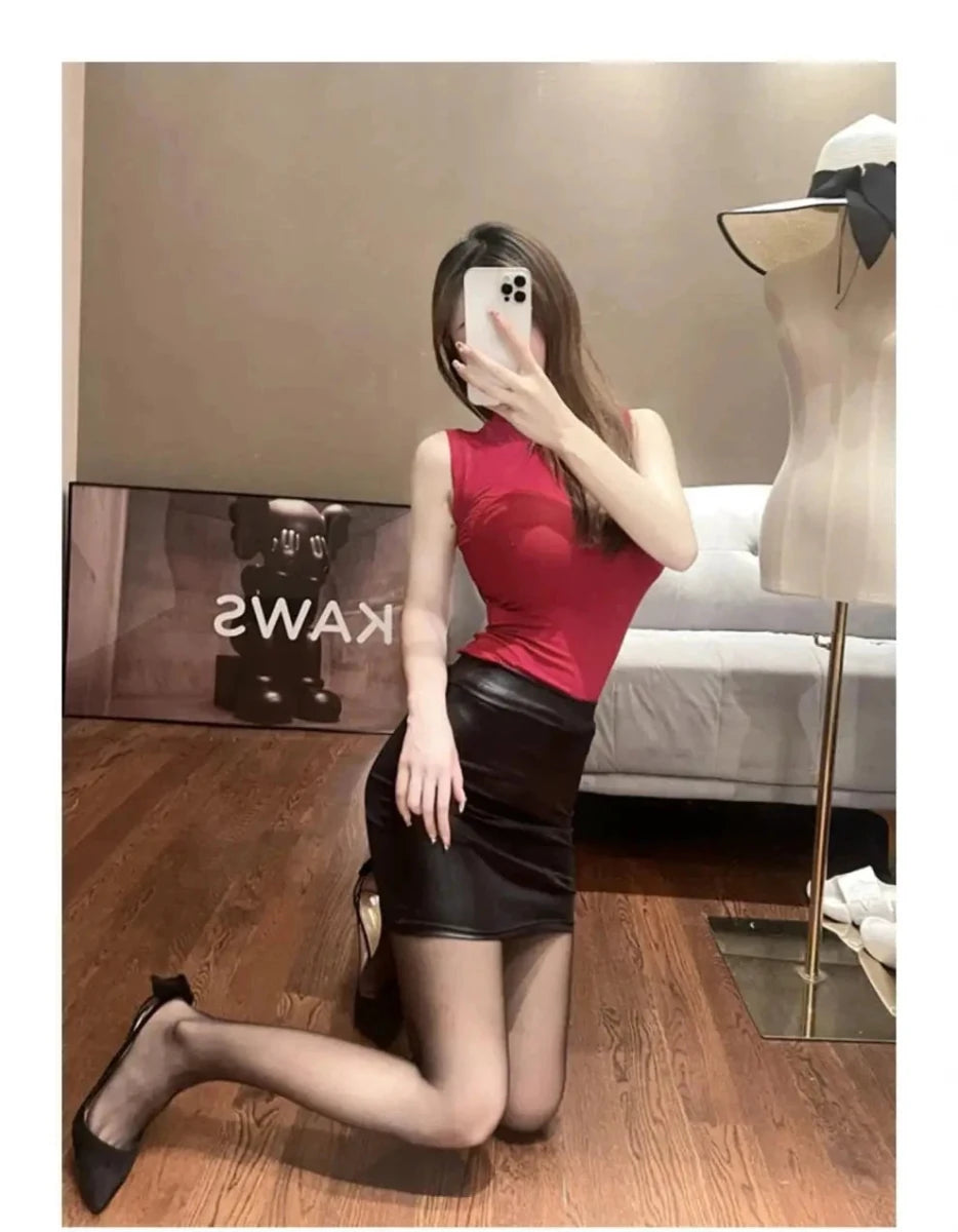 Mandotos Black Imitation Leather Pencil Mini Skirt High Waist Korean Fashion Women Wholesale Summer - MANDOTOS