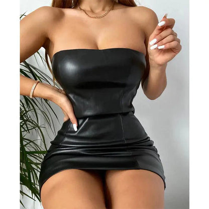 Mandotos Black Leather Look Strapless Mini Dress For Elegant Evening Wear And Night Out - MANDOTOS