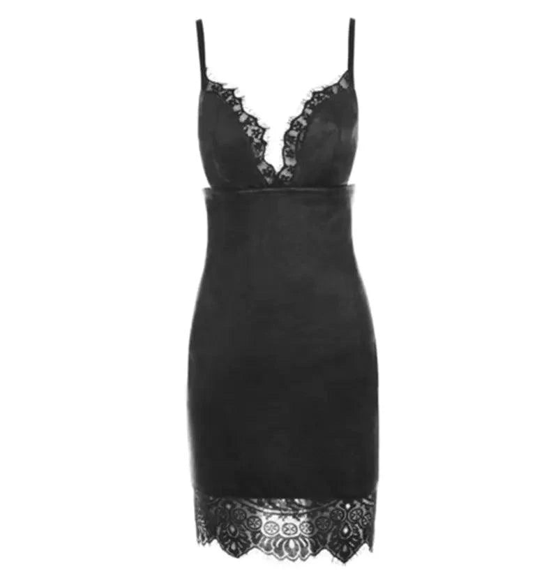 MANDOTOS Bodycon PU Leather Mini Dress Deep V Neck Spaghetti Straps Lace Patchwork Size S To XL Black - MANDOTOS