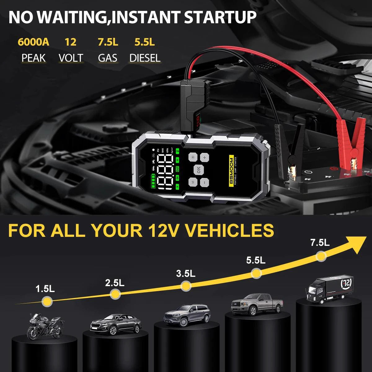 Car Jump Starter With Air Compressor LCD Screen 21800mAh Portable Booster Charger 6000A Powerful Car Battery Starting Devi - MANDOTOS