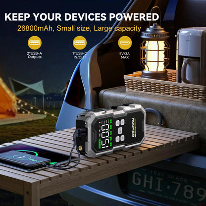 Car Jump Starter With Air Compressor LCD Screen 21800mAh Portable Booster Charger 6000A Powerful Car Battery Starting Devi - MANDOTOS