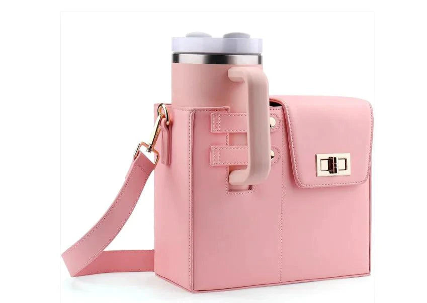 Mandotos CarryEasy Beverage Pouch PU Leather Portable Bottle Bag With Soft Lining And Open Pocket Pink - MANDOTOS