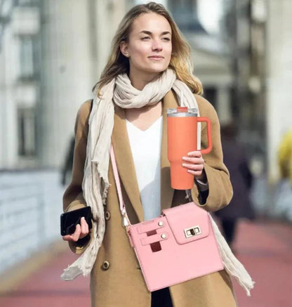 Mandotos CarryEasy Beverage Pouch PU Leather Portable Bottle Bag With Soft Lining And Open Pocket Pink - MANDOTOS