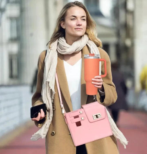 Pink Mandotos CarryEasy beverage pouch with PU leather, soft lining, and open pocket for portable bottle storage.