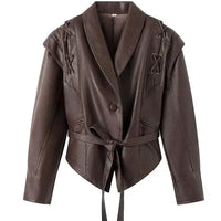 Mandotos women's casual long sleeve polyester coat in classic brown, loose fit, stylish outerwear for cold weather.