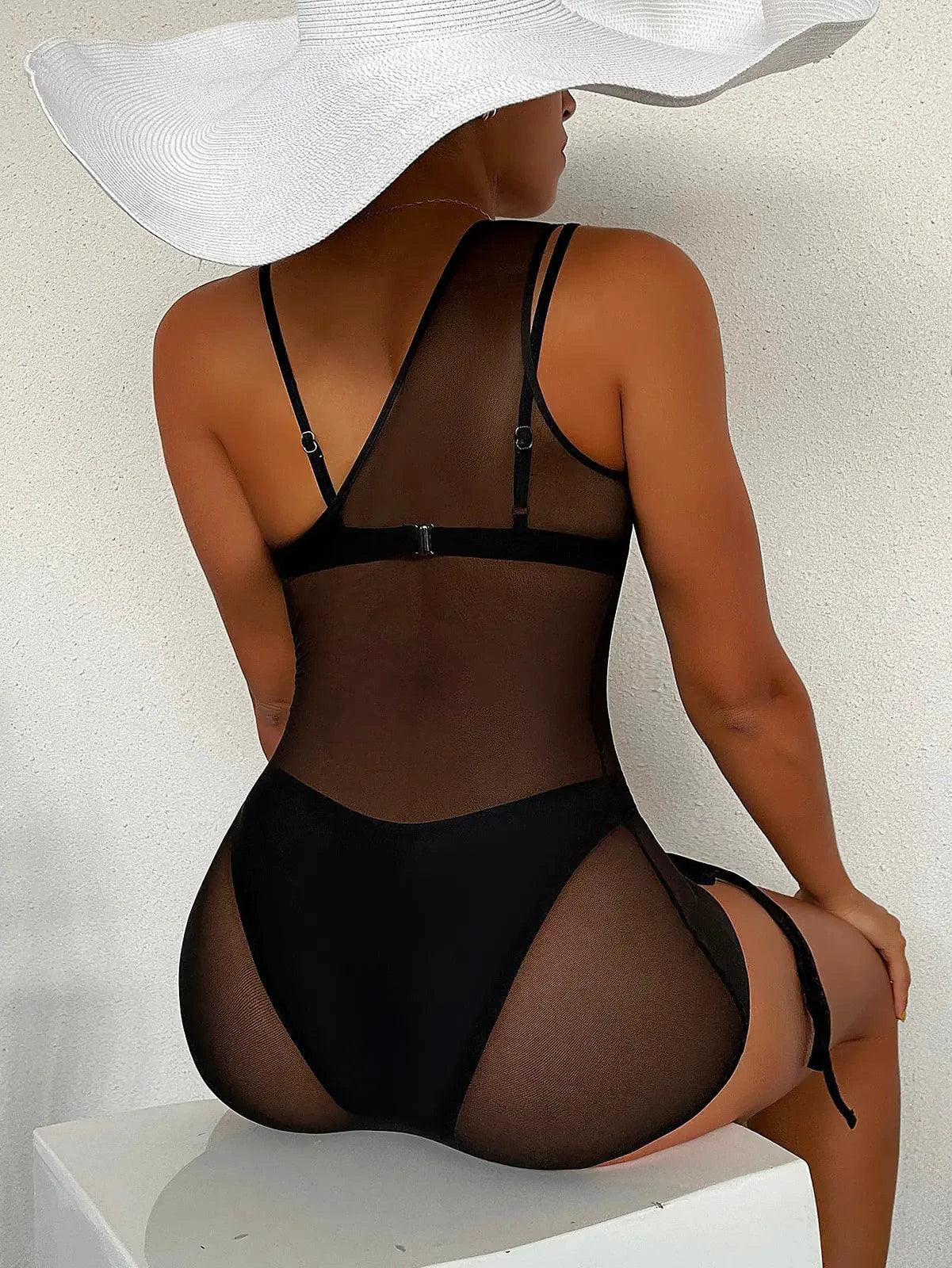 Mandotos Chic Black Mesh One Shoulder Beach Cover Up With Sheer Panels For Swimwear - MANDOTOS