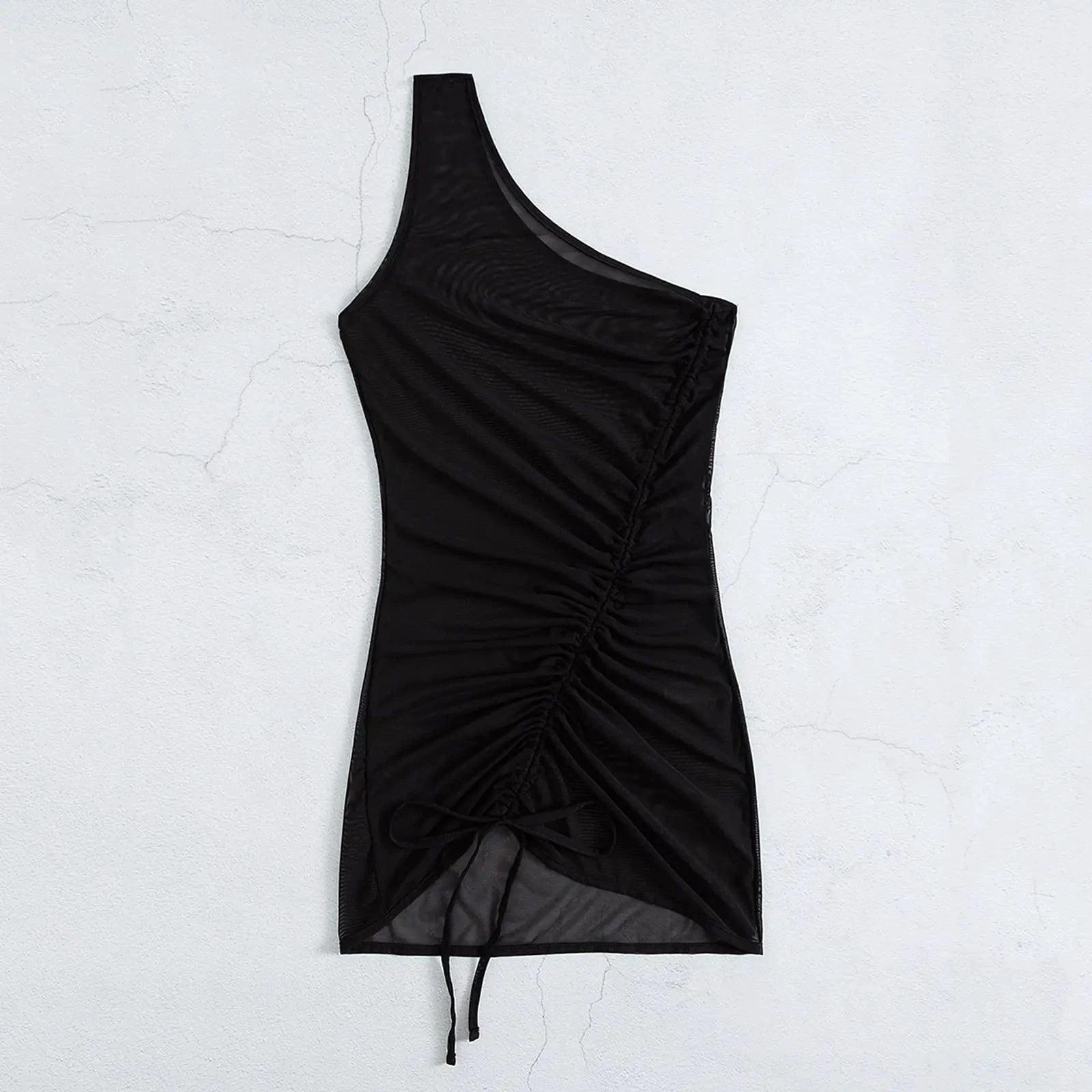 Mandotos Chic Black Mesh One Shoulder Beach Cover Up With Sheer Panels For Swimwear - MANDOTOS