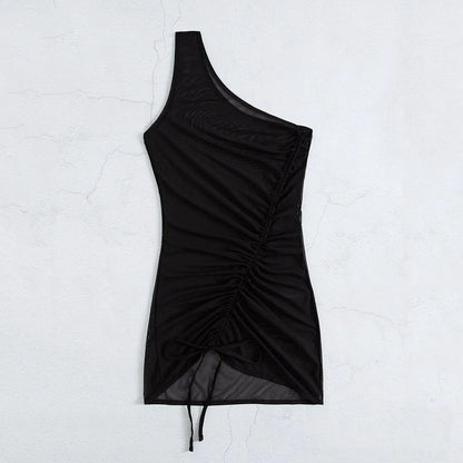 Mandotos Chic Black Mesh One Shoulder Beach Cover Up With Sheer Panels For Swimwear - MANDOTOS