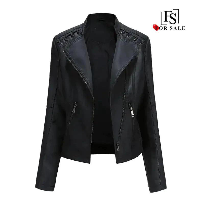 Mandotos Chic Feminine Black Leather Coat With Zipper Pockets And Biker Style Details - MANDOTOS