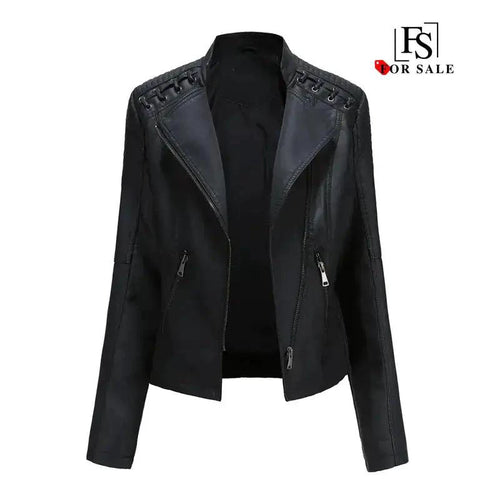 Mandotos Chic Feminine Black Leather Coat With Zipper Pockets And Biker Style Details - MANDOTOS