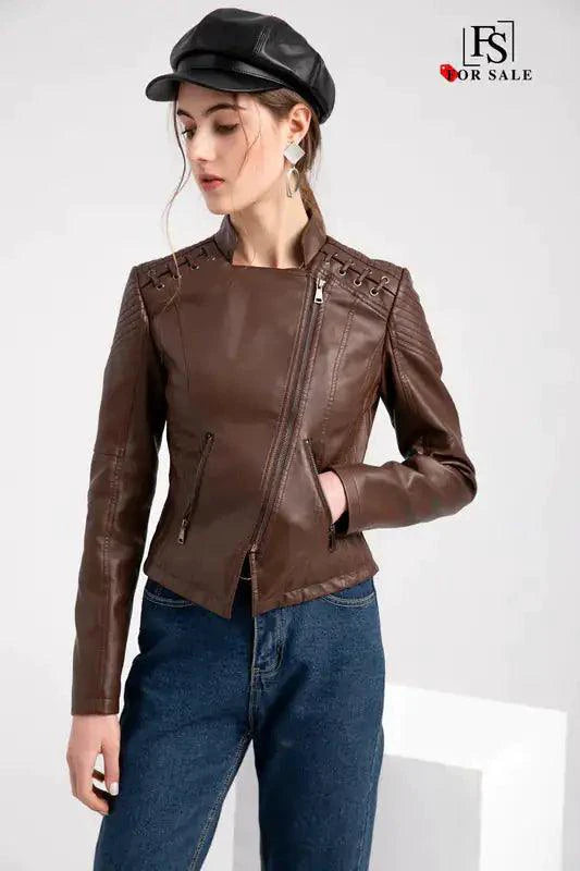 Mandotos Chic Feminine Black Leather Coat With Zipper Pockets And Biker Style Details - MANDOTOS