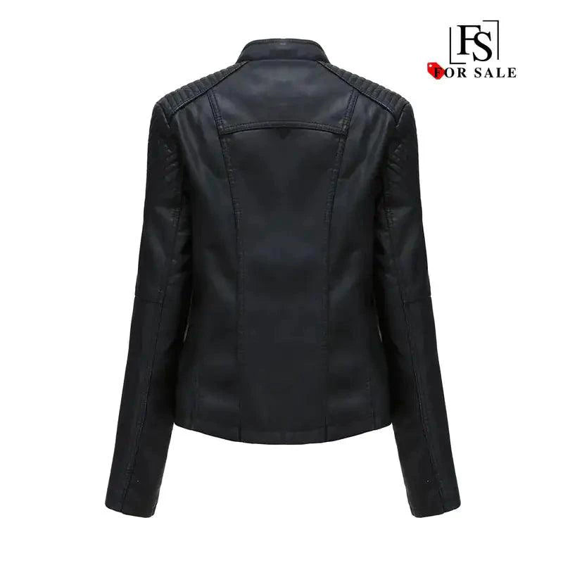 Mandotos Chic Feminine Black Leather Coat With Zipper Pockets And Biker Style Details - MANDOTOS