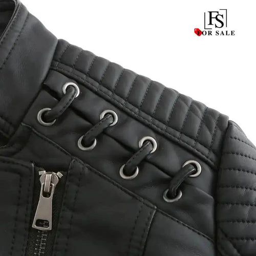 Mandotos Chic Feminine Black Leather Coat With Zipper Pockets And Biker Style Details - MANDOTOS
