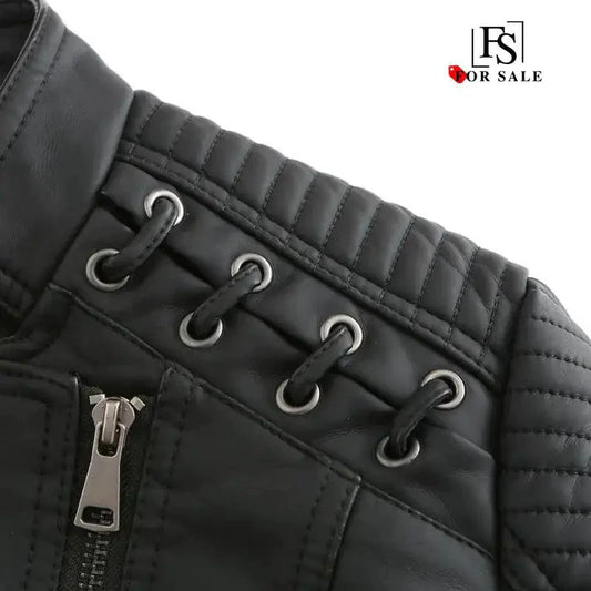 Mandotos Chic Feminine Black Leather Coat With Zipper Pockets And Biker Style Details - MANDOTOS