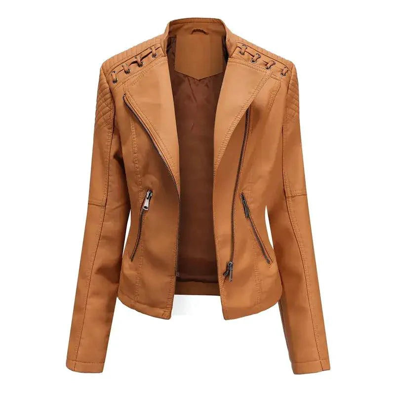 Mandotos Chic Feminine Black Leather Coat With Zipper Pockets And Biker Style Details - MANDOTOS