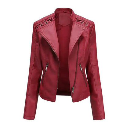 Mandotos Chic Feminine Black Leather Coat With Zipper Pockets And Biker Style Details - MANDOTOS