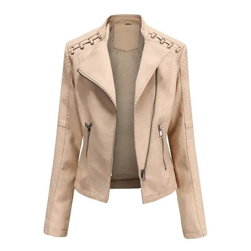 Mandotos Chic Feminine Black Leather Coat With Zipper Pockets And Biker Style Details - MANDOTOS