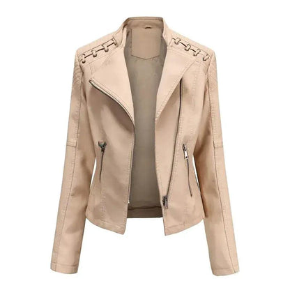 Mandotos Chic Feminine Black Leather Coat With Zipper Pockets And Biker Style Details - MANDOTOS