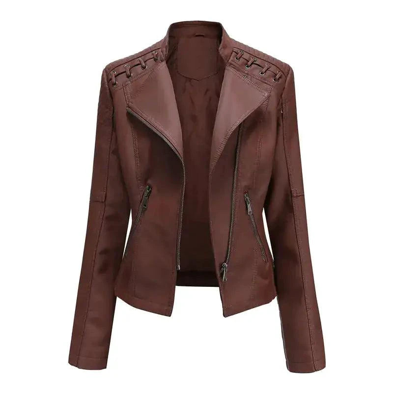 Mandotos Chic Feminine Black Leather Coat With Zipper Pockets And Biker Style Details - MANDOTOS