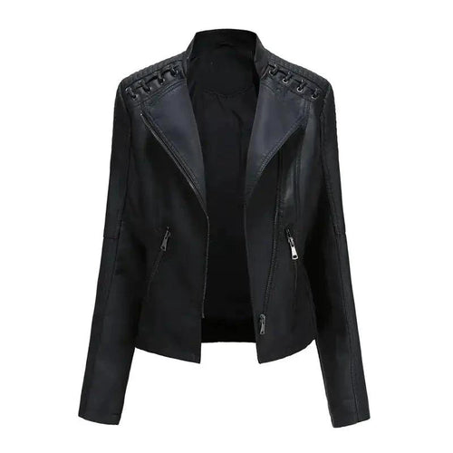 Mandotos Chic Feminine Black Leather Coat With Zipper Pockets And Biker Style Details - MANDOTOS