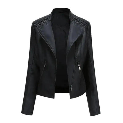 Mandotos Chic Feminine Black Leather Coat With Zipper Pockets And Biker Style Details - MANDOTOS