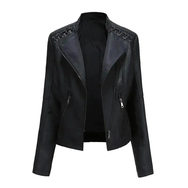 Mandotos Chic Feminine Black Leather Coat With Zipper Pockets And Biker Style Details - MANDOTOS