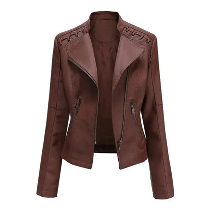 Mandotos Chic Feminine Black Leather Coat With Zipper Pockets And Biker Style Details - MANDOTOS
