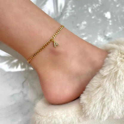 Mandotos Crystal A Z Letter Initial Anklets For Women Cuban Link Stainless Steel Beach Anklet - MANDOTOS