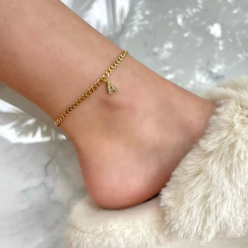 Mandotos Crystal A Z Letter Initial Anklets For Women Cuban Link Stainless Steel Beach Anklet - MANDOTOS