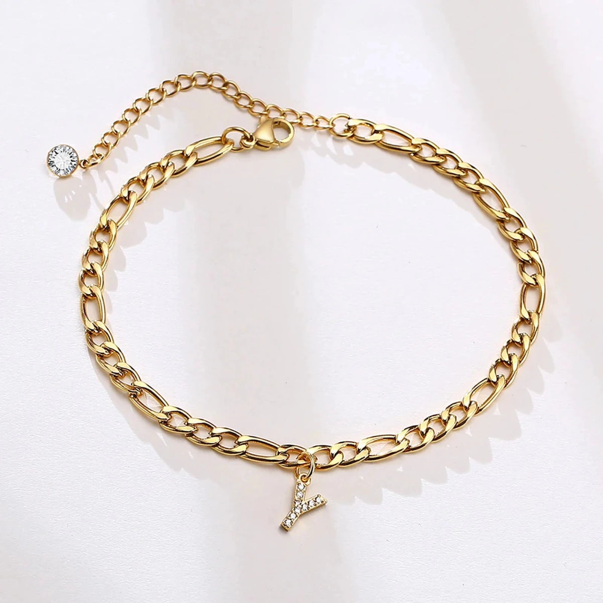 Mandotos Crystal A Z Letter Initial Anklets For Women Cuban Link Stainless Steel Beach Anklet - MANDOTOS