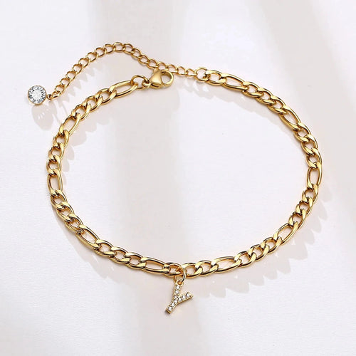 Mandotos Crystal A Z Letter Initial Anklets For Women Cuban Link Stainless Steel Beach Anklet - MANDOTOS