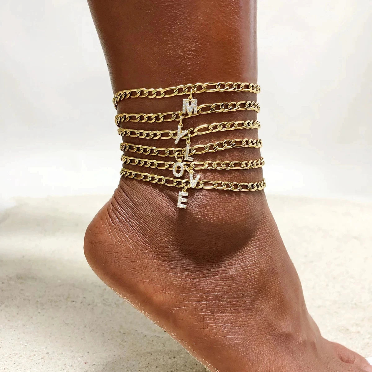 Mandotos Crystal A Z Letter Initial Anklets For Women Cuban Link Stainless Steel Beach Anklet - MANDOTOS