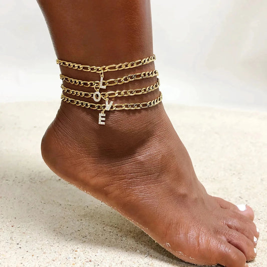 Mandotos Crystal A Z Letter Initial Anklets For Women Cuban Link Stainless Steel Beach Anklet - MANDOTOS