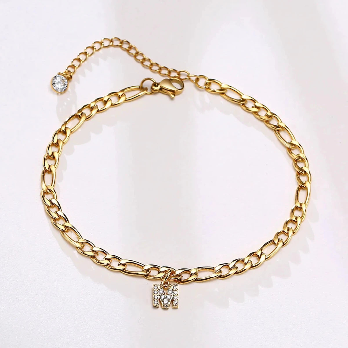 Mandotos Crystal A Z Letter Initial Anklets For Women Cuban Link Stainless Steel Beach Anklet - MANDOTOS