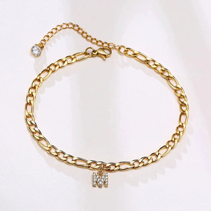 Mandotos Crystal A Z Letter Initial Anklets For Women Cuban Link Stainless Steel Beach Anklet - MANDOTOS