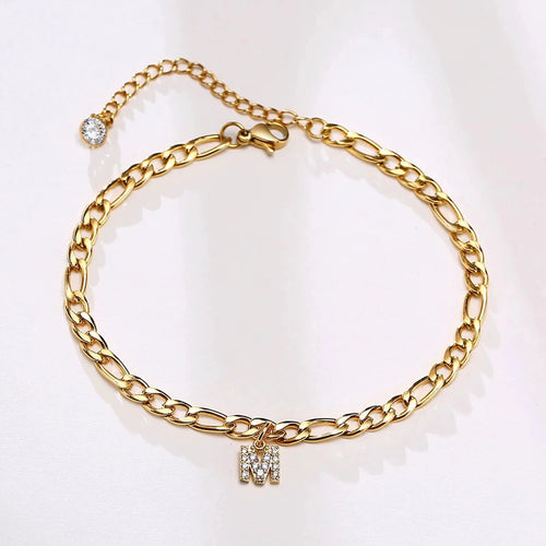 Mandotos Crystal A Z Letter Initial Anklets For Women Cuban Link Stainless Steel Beach Anklet - MANDOTOS