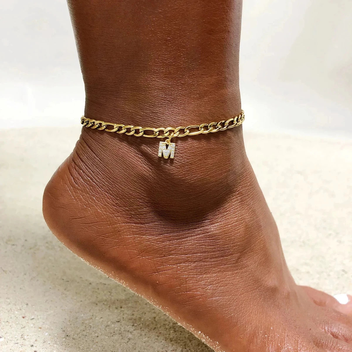 Mandotos Crystal A Z Letter Initial Anklets For Women Cuban Link Stainless Steel Beach Anklet - MANDOTOS