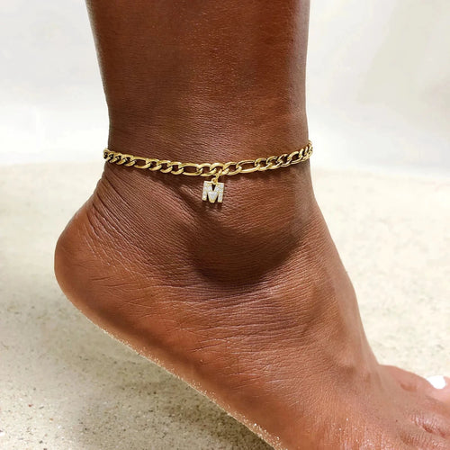 Mandotos Crystal A Z Letter Initial Anklets For Women Cuban Link Stainless Steel Beach Anklet - MANDOTOS