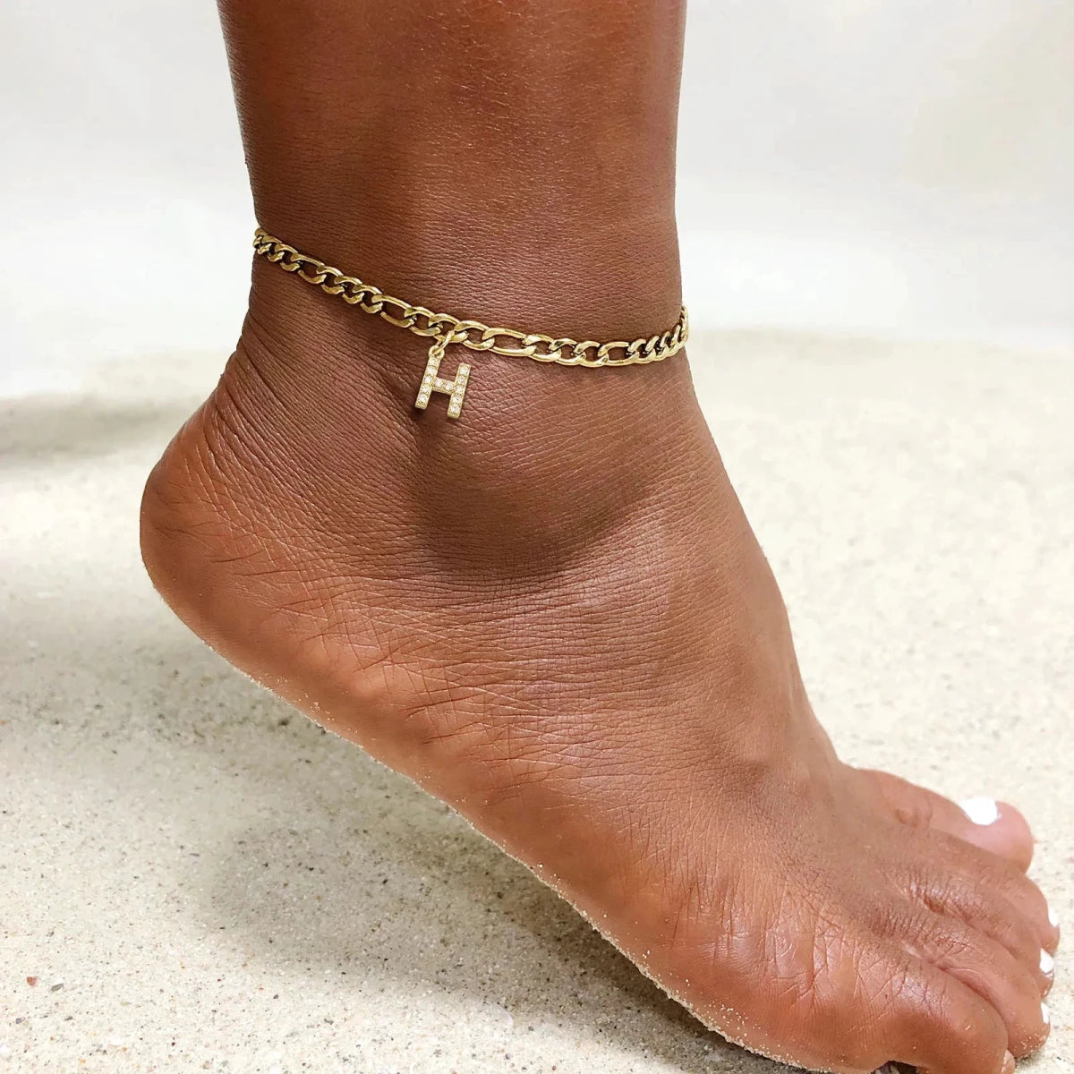 Mandotos Crystal A Z Letter Initial Anklets For Women Cuban Link Stainless Steel Beach Anklet - MANDOTOS