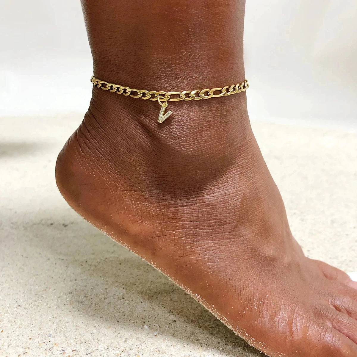 Mandotos Crystal A Z Letter Initial Anklets For Women Cuban Link Stainless Steel Beach Anklet - MANDOTOS