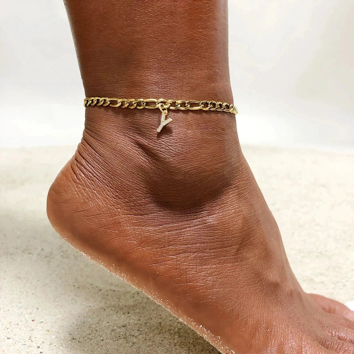 Mandotos Crystal A Z Letter Initial Anklets For Women Cuban Link Stainless Steel Beach Anklet - MANDOTOS