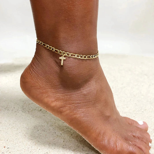 Mandotos Crystal A Z Letter Initial Anklets For Women Cuban Link Stainless Steel Beach Anklet - MANDOTOS