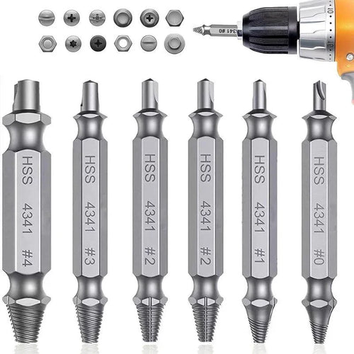 Mandotos damaged screw extractor set with 6 HSS drill bits for removing stripped screws and damaged fasteners.