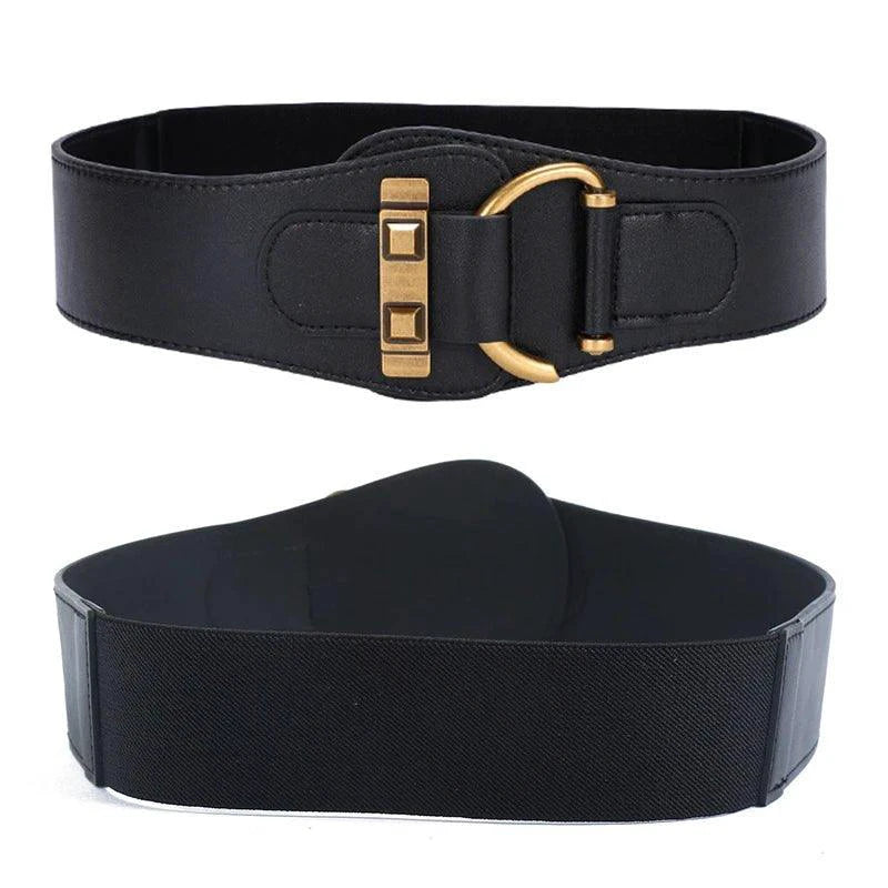 MANDOTOS Designer Women Waist Cummerbund Belt Burgundy Leather With Gold Buckle Wide Stretch - MANDOTOS